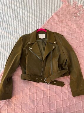 cinq a sept Olive Green Leather Moto Jacket